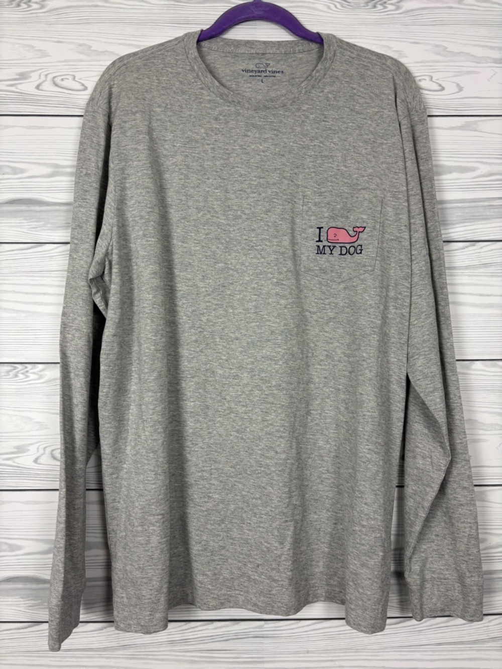 Vineyard Vines Gray Long Sleeve Tee with Pink Whale Pocket Graphic